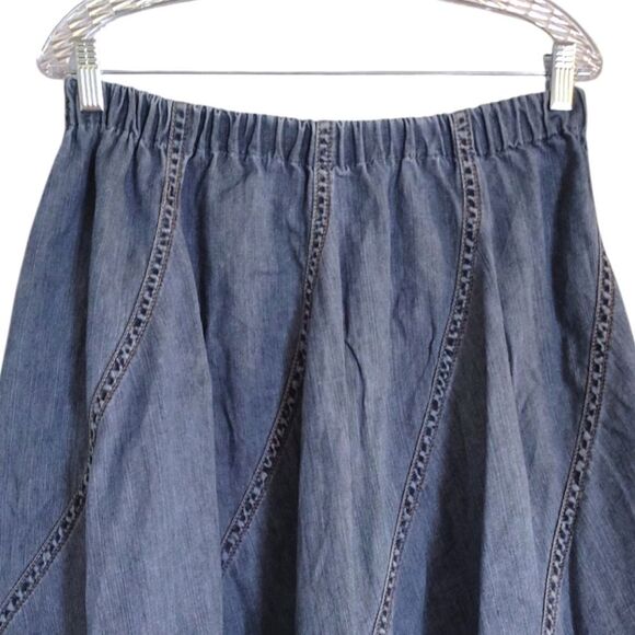 VTG 90s Blue Denim Patch Pull On Full Midi Jean Skirt  *Fits like Medium - Picture 6 of 12